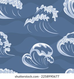 Seamless pattern with ocean or sea waves and splashes. Concept of sea and ocean life. Modern print for fabric, textiles, wrapping paper. Vector illustration
