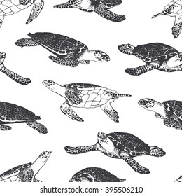 Seamless pattern - ocean turtle. Black and white
