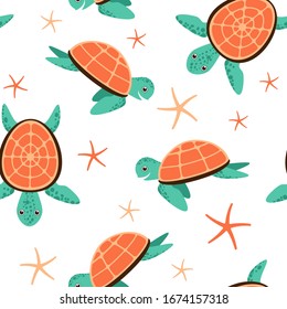 Seamless pattern with ocean turtless and starfish. Cute funny turtles colorful backgrounds. Vector stock illustration, EPS10