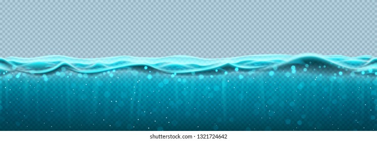 Seamless pattern with ocean waves. Vector illustration. Realistic deep underwater sea scene. Banner with horizontal transparent water surface.