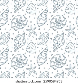 Seamless pattern with oceanic print of seashell in line art style. Hand drawn repeating background with sea creature and shell of different shapes.