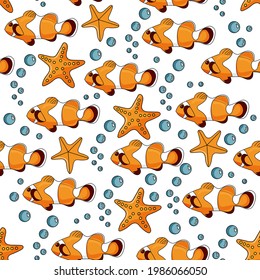 Seamless pattern of Ocellaris Clownfish. Colorful fish pattern. Vector illustration. Ocean Cartoon