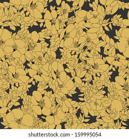 Seamless pattern with ochre flowers on dark background. Vector illustration