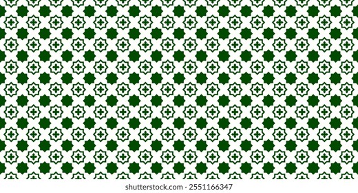 Nahtloses Muster von achteckigen Sternen oder quadratischen Sternen in Grün- und Weißfarben. Ornament, Umschlag, Karte, Dekoration. Vektorgrafik