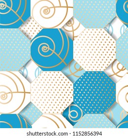 Seamless pattern of octagons with hand drawn swirls inside. Best for decoration, Wallpaper design. White -- Golden -- Blue Colored. Vector
