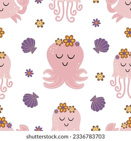 seamless pattern with octopus, crab, jellyfish