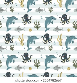 Seamless pattern with octopus, dolphin. Cute marine animals. Cartoon sea. Background with underwater characters.