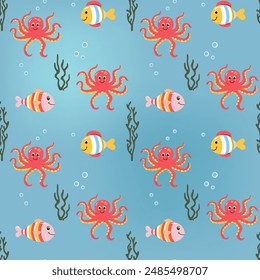 Seamless pattern with octopus, fish. Cute marine animals. Colorful background with underwater characters.