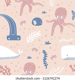 Seamless pattern with an octopus, a hammerhead fish, creepers, seashells and other marine elements. Underwater elements collection. Undersea world theme concept. Vector illustration.