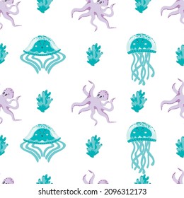sin costura con pulpo, medusas y corales, algas. Pastel. La decoración de una habitación para niños
