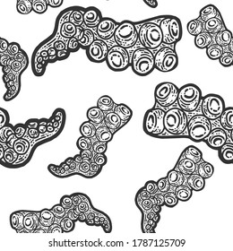 Seamless pattern. octopus leg. Sketch scratch board imitation. Black and white.