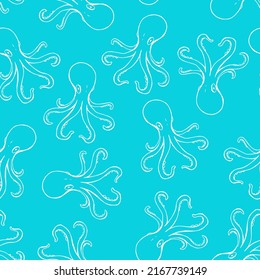 Seamless pattern with octopus. Marine background.  Hand drawn vector illustration in sketch style.