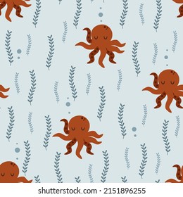 seamless pattern with octopus on the blue background