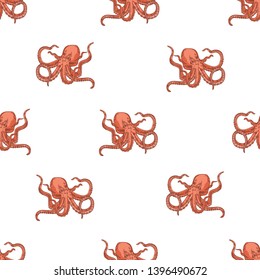 Seamless pattern with octopus on white background. Backdrop with marine animal or mollusc with tentacles, deep sea creature, underwater inhabitant, ocean monster. Realistic vector illustration.