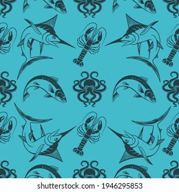 Seamless pattern with octopus, salmon fish, lobster and marlin fish