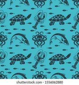 Seamless pattern with octopus, sea turtle, salmon fish and lobster.