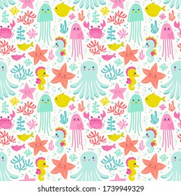 Seamless pattern with octopus, seahorse, crab, jellyfish, starfish, corals and fish. Vector illustration with cute sea life.