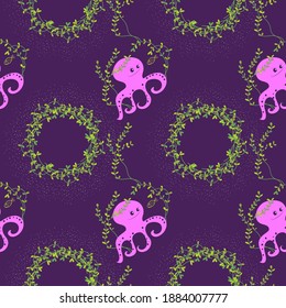 seamless pattern with octopus and seaweed on purple background. Vector eps 10