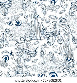 Seamless pattern with octopus, seaweeds and tropical fish. Underwater scenery. Hand drawn vector illustration on white background.