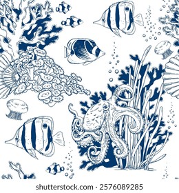 Seamless pattern with octopus, seaweeds and tropical fish. Underwater scenery. Hand drawn vector illustration on white background.