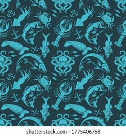 Seamless pattern with octopus, squid, lobster, bass fish, sea turtle, and king crab. 