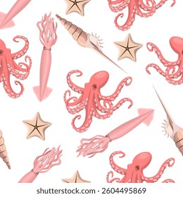 Seamless pattern of octopus, squid and shells on a white background.Vector marine pattern for packaging sea products,textiles.