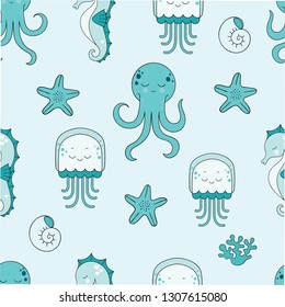 Seamless pattern with octopus, starfish, jellyfish and seahorse