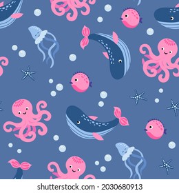 Seamless pattern with octopus, whales and jellyfish. Hand-drawn style. Design for decorating a nursery.	
