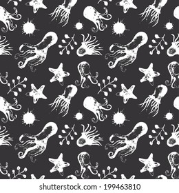 Seamless pattern with octopuses.  Can be used for wallpaper, background, surface textures, pattern fills, pack, web page. Sea pattern.