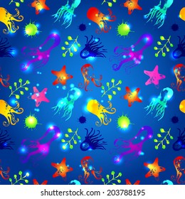 Seamless pattern with octopuses.  Can be used for wallpaper, background, surface textures, pattern fills, pack, web page. Sea pattern.