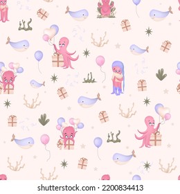 Seamless pattern with octopuses. Cute children's octopus character. Children's textiles. Seamless ornament for babies.