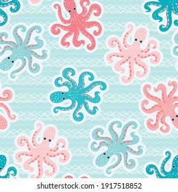 Seamless pattern with octopuses. For fabric design, wallpaper, prints, postcards, cards, backgrounds, scrapbooking. Vector