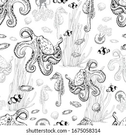 Seamless pattern with octopuses, fishes and seaweeds. Black and white vector illustration.
