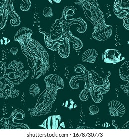 Seamless pattern with octopuses, jelly fishes and underwater creatures. Hand drawn vector illustration on dark background.