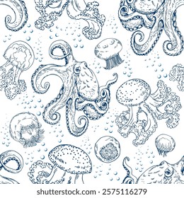 Seamless pattern with octopuses, jellyfish and underwater creatures. Hand drawn vector illustration on white background.