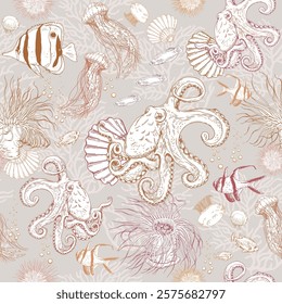 Seamless pattern with octopuses, jellyfish and underwater creatures. Hand drawn vector illustration on grey background.