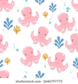 Seamless pattern with octopuses and sea plants