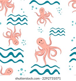 Seamless Pattern with Octopuses and Sea waves. Summer colorful hand Drawn cartoon Background. Animals of the Underwater world