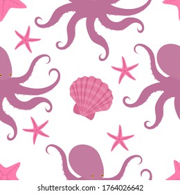 Seamless pattern octopuses shells starfish vector illustration