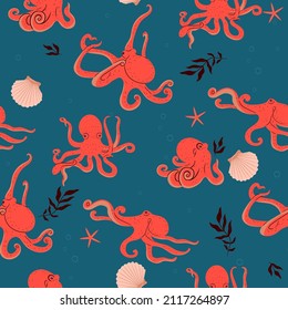 Seamless pattern with octopuses, starfish, seashells, algae. Vector graphics.