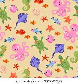 Seamless pattern with octopuses, stingray, turtles, seahorse, fishes. Hand-drawn style. Design for decorating a nursery.	