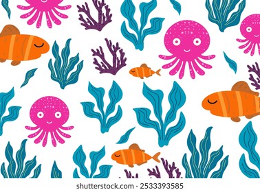 Seamless pattern with octopus,fish and sea life