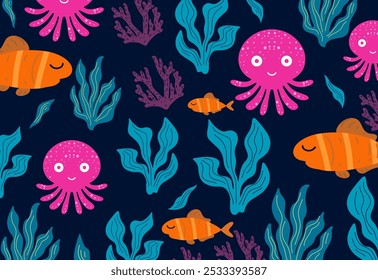 Seamless pattern with octopus,fish and sea life