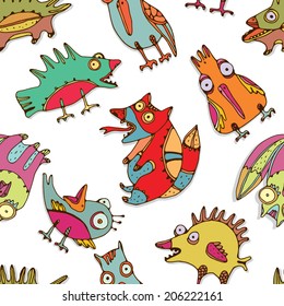 Seamless pattern with odd folk animals and birds