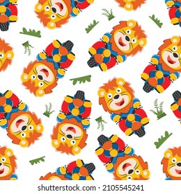 Seamless pattern ofcute lion ride a motorcycle, Can be used for t-shirt print, kids wear fashion design, invitation card. fabric, textile, nursery wallpaper, poster and other decoration.