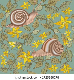 Nahtloses Muster von Traubenschnecken, gelben Blumen und grünen Blättern.
