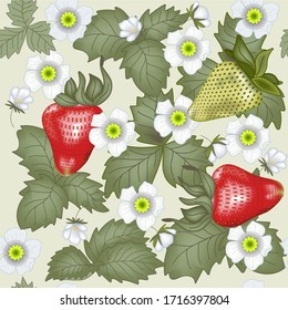 Seamless pattern off red and green strawberry, flowers and leaves.