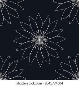 Patrón sin brillo de un gran contorno floral blanco sobre un fondo azul-negro oscuro.
