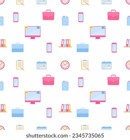 Seamless pattern with office accessories on white background. Business concept. Cartoon flat style. Vector illustration
