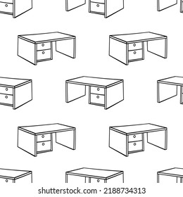 Seamless pattern with office desk isometric view hand drawn doodle outline vector